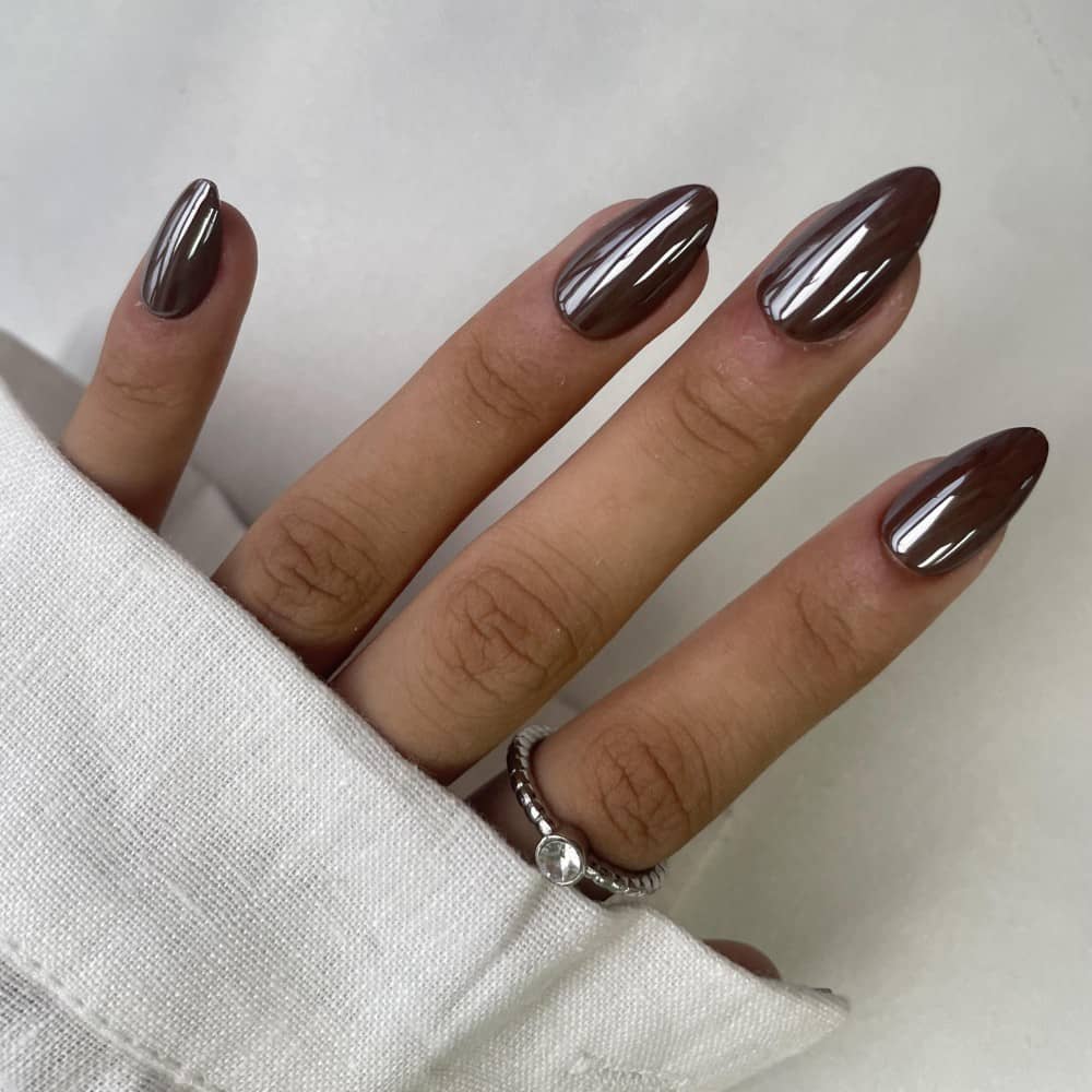 Dark brown chrome magnetic press-on nails with almond shape – Impress Me Lebanon