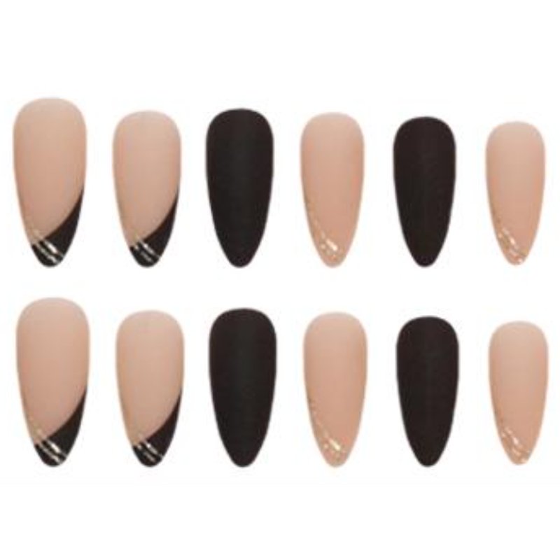 Full set of matte black and nude press-on nails with sleek gold detailing for a chic, high-quality look