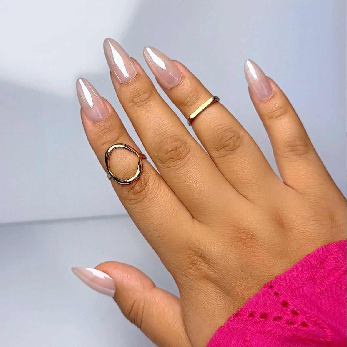 Nude chrome press-on nails with glossy finish in Lebanon