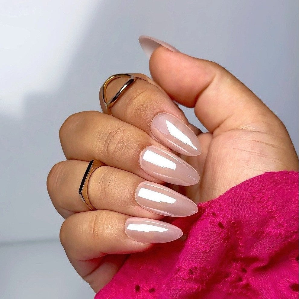 Reusable nude almond-shaped nails from Impress Me Beirut