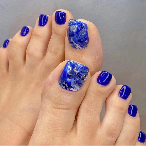 Sapphire Swirl – Royal Blue Marble Press-On Toenails with Glossy Finish